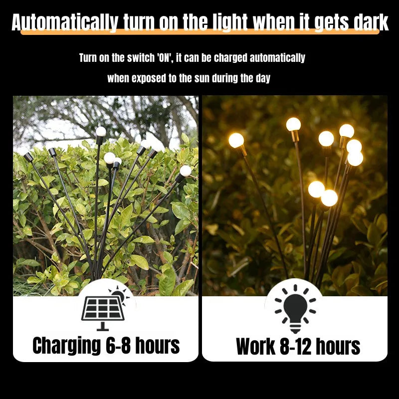 A set of solar garden lights with LED beads, mounted on stakes and placed in a garden setting to mimic a firefly effect.